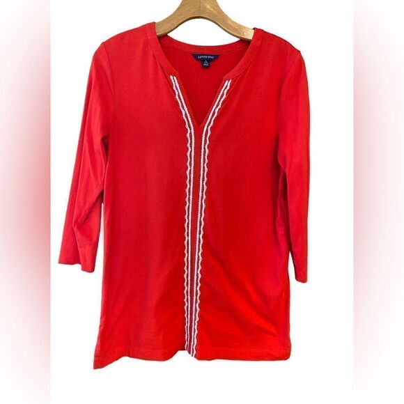 Lands’ End Sz 6/8 Red White Embroidered V-Neck 3/4 Sleeves Cotton Tunic - Picture 2 of 6
